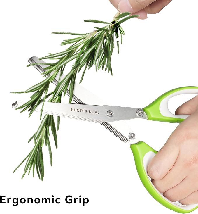5 Blades Herb Scissors - Professional Kitchen Shears with Safety Cover for Cutting Green Onions, Fresh Herbs, Vegetables & Salad Food Prep, Must-Have Cooking Gadgets (Green, White, 8.7 inch)