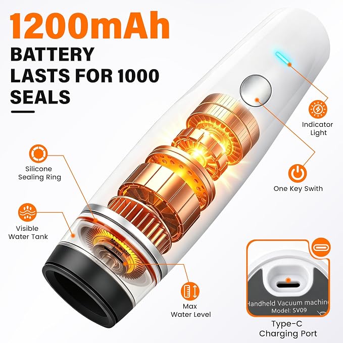 -80kPa Compact Vacuum Sealer for Food (Vacuum Sealer Machine + 30 Reusable Bags), Cordless Handheld Vacuum Sealer Machine Portable Mini Food Sealer for Sous Vide & Meal Prep-White