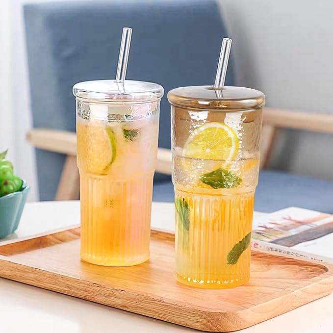 JunVpic Glass Coffee Tumbler, 20 oz Glass Cup with Lid and Straw | Amber glass design, Hammered Texture, reusable straw and lid for iced coffee, tea, smoothies and hot & cold drink