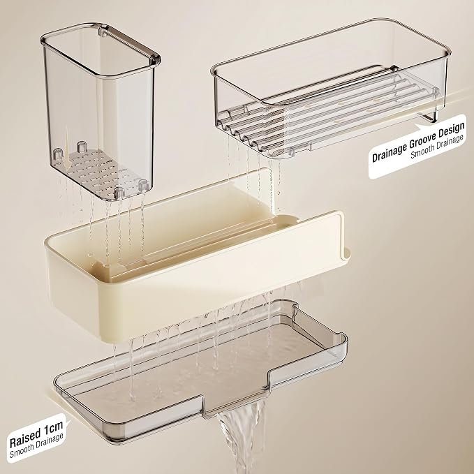 Expandable Kitchen Sink Caddy 25-38cm, 360° Rotating Sponge Holder & Brush | White, large, stretchable 25-38cm. Side brush holder, triple drainage, rust-proof.Ideal for sponge & kitchen sink accessories