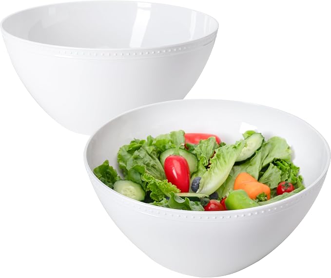 Large Salad Bowls Set of 2, Beaded Serving Bowl Set, 11" White Melamine Bowl for Soup, Salad, Fruit and Pasta, Unbreakable Chip/Popcorn Bowl, Deep Bowls for Party Table for Kitchen and Party Wedding