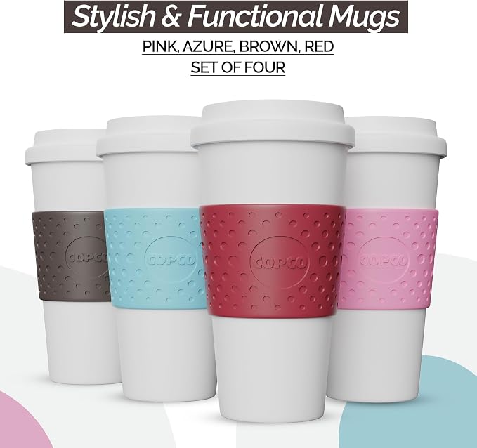 Copco Acadia Travel Mug, 16 Oz - Pink, Azure, Brown, Red, Set of 4