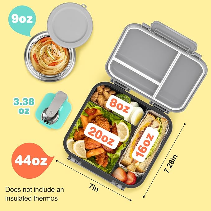 Bento Box for Kids with Food Thermo,Leak-proof Lunch Container | 4 Compartment Kids Lunch Box,9oz Insulated Hot Food Jar,Built-in Utensil for Boys Girls Toddler to School Travel-Black Gray