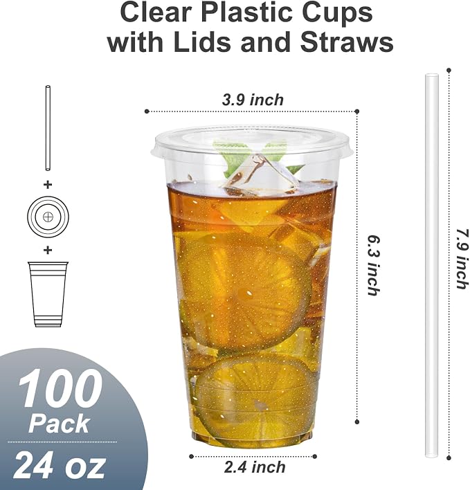 Dealusy 100 Pack - 24 oz Clear Plastic Cups with Lids and Straws | Sturdy & Food Safe Iced Coffee Cups with lids, Disposable Plastic Smoothie Cups for Cold Drinks