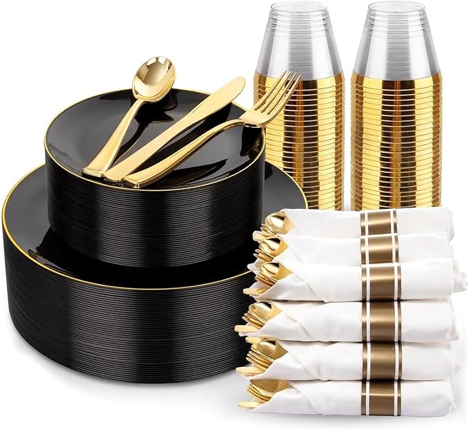 KIRE 175Pcs Black Plates Disposable - Heavy Duty Black and Gold Plastic Plates- 25 for Dinner 25 for Dessert 25 Pre Rolled Gold Silverware and 25 Cups for Graduation/Party/Wedding/Father's Day