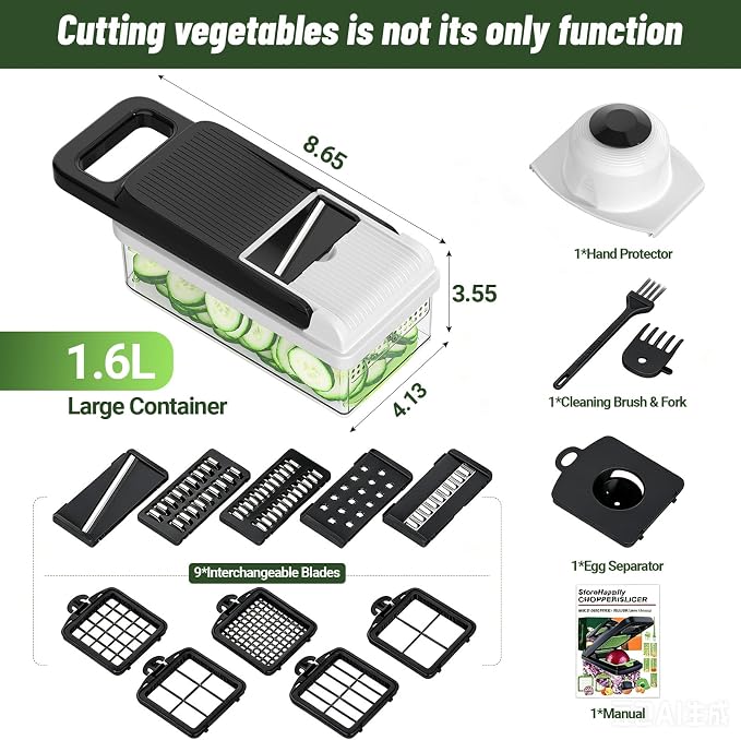 15-in-1 Vegetable Chopper 10 Blades, Veggie Cutter with Handle, Black/White | Stainless Steel Blades, Food Container and Lid, Dicer, Slicer, Julienne, Egg Separator, Non-slip Base, Include Cleaning Tools