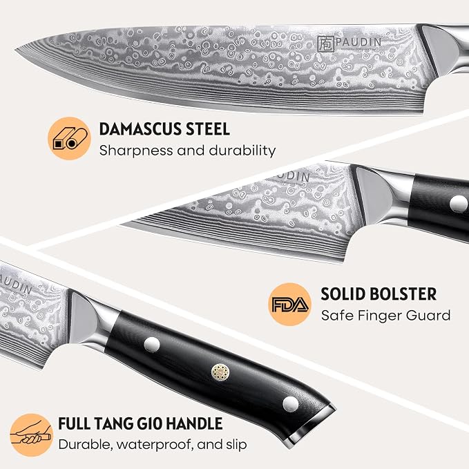 PAUDIN Damascus Knife Set 3 PCS, Japanese VG10 Steel Core, Ultra Sharp Chef Knife Set, Full Tang G10 Handle, Damascus Kitchen Knives | 67-Layer Forged Kitchen Knife Set, Japanese VG10 Steel Core, Full Tang G10 Handle