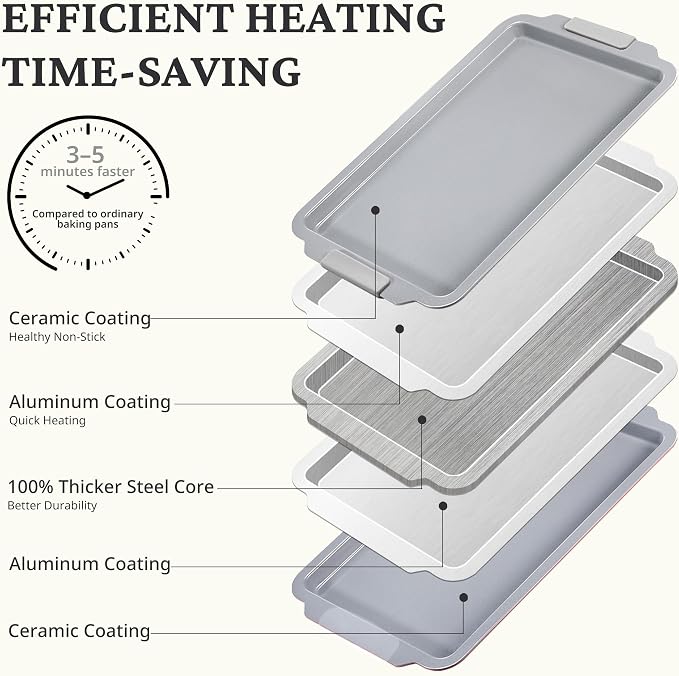 BRONYPRO Non Stick Ceramic Baking Sheet Pan Set of 3, Non Toxic Cookie Sheets (PFOA/PTFE Free), Aluminized Steel Oven Trays with Silicone Handles, Rust-Resistant, Warp-Resistant to 500°F, Light Gray
