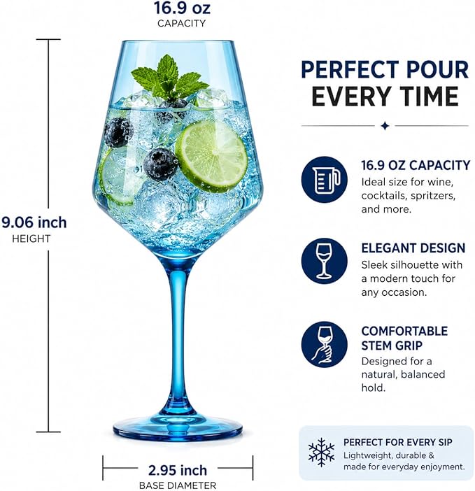 European Style Plastic Crystal Unbreakable Stemmed Wine Glasses | Set of 12 | Acrylic Glasses Tritan Bright Colors Shatterproof BPA-free, Outdoor, Pool, Indoor, Hand Wash 17oz Gift, Everyday & Holiday