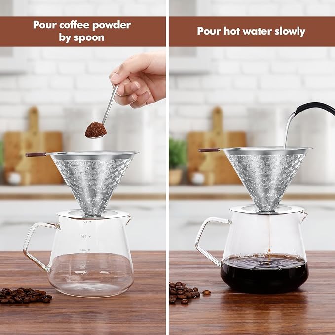 Pour Over Coffee Dripper, Double Mesh with Spoon and Cleaning Brush | Stainless Steel Coffee Filter 1-4 Cup, Metal Cone Filter Paperless, Reusable, Metal Strainer