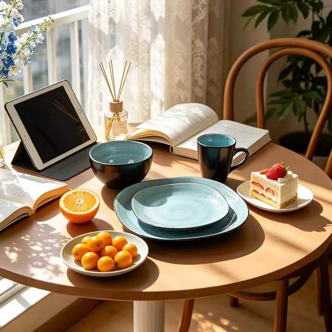 HomeVss, Stoneware Square 16pc Dinnerware Set, Inside Spinwaseh Swirl Turquoise + Outside Black