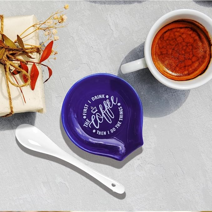 Littlefa Coffee Spoon Rest Holder-Coffee Bar Accessories-Navy Blue | Funny Ceramic Coffee Spoon Rest for Coffee Bar Accessories Essentials, But First I Drink Sign Coffee Lovers Gifts