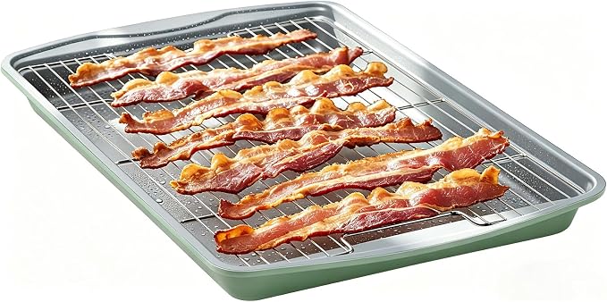 Nonstick Crisp Baking Tray With Wire Rack, Ceramic Coating Jelly Roll 15x10 Cookie Sheet Pan, Non-Toxic, PTFE & PFOA Free, Oven Safe 550°F, Dishwasher Safe, Aluminized Steel, Pistachio Green
