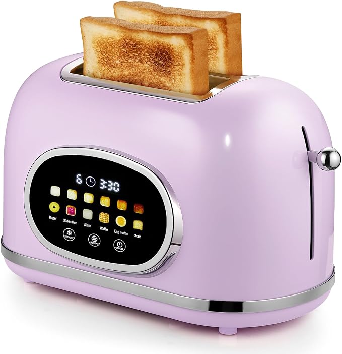 Roter Mond Smart 2 Slice Toaster, Touchscreen, Bagel Defrost, Light Purple | Retro stainless steel, digital timer & sleep mode, 6 bread types & shades, defrost/reheat/cancel,even toasting wide slots