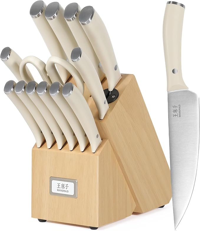 15 Pcs Knife Block Set, Japanese High Carbon Stainless Steel Sharp Blade Knife Set, Razor Sharp Knives Set for Kitchen, Dishwasher Safe, Elegant Box for Men Women, Natural