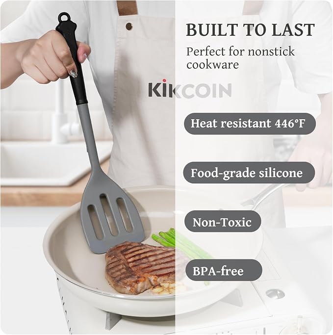 Kikcoin 43 PCS Silicone Kitchen Utensils Set, Dishwasher Safe Kitchen Cooking Utensils Set, 446°F Spatulas Silicone Heat Resistant, Non Toxic Silicone Utensils Set With Two-Tone Grip Handles, Gray