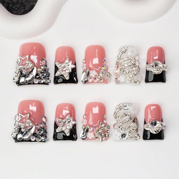 Handmade Press on Nails 3D Flower Nail Art Fake Nails Luxury Handmade Rhinestone & Stars Black French Tip Short Duck Acrylic Nail with Flower Design Thicked Stick on Nail for Women (M)