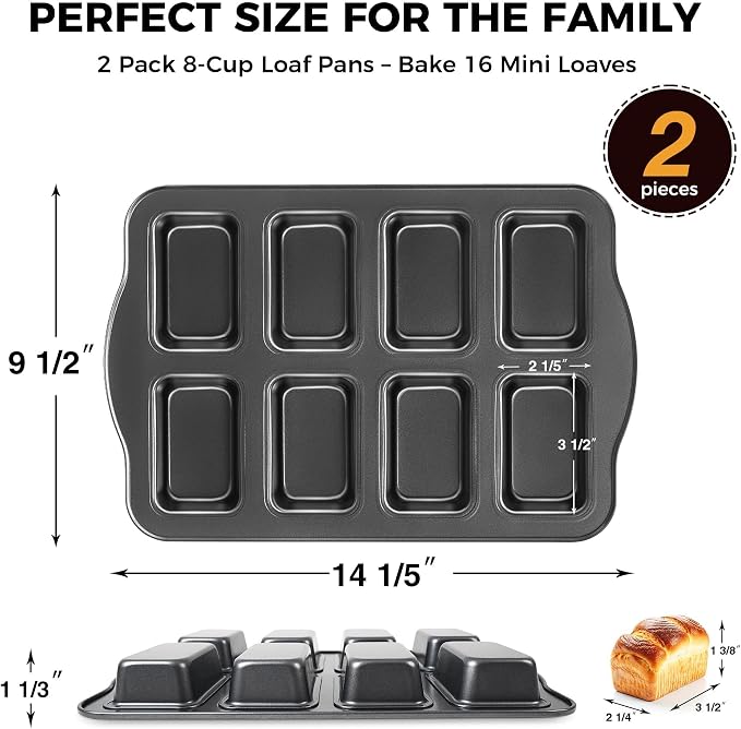 2 Pack Mini Loaf Baking Pans 8-Cavity, Nonstick Small Cornbread Pan, Tiny Banana Bread Pan Set, Heavy Duty Brownie TIn, Dark Grey
