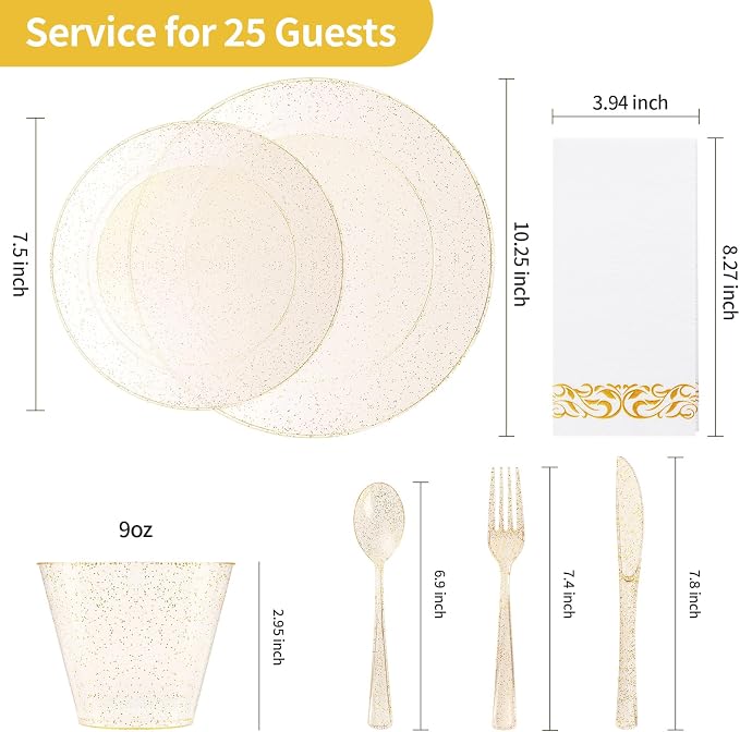 175 Pieces Gold Glitter Disposable Dinnerware Set for 25 Guests | Plastic Plates for Party, Include: 50 Gold Glitter Plastic Plates, 25 Paper Napkins, 25 Cups, 25 Gold Glitter Silverware Set