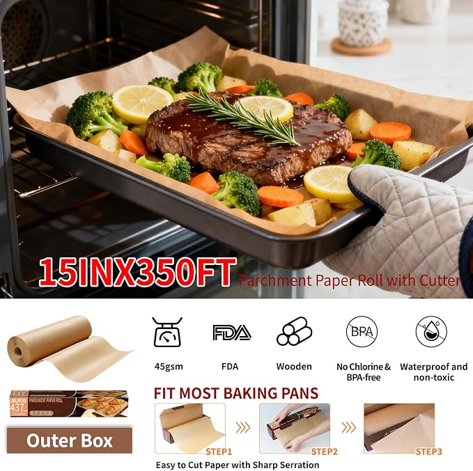 Unbleached 15x350 ft Parchment Paper Roll, 437 Sq.Ft, Non Stick Brown Extra Long Baking Paper Sheets with Serrated Cutter for Cooking, Baking, Grillin, Steaming Bread Cookies, Oven/Air Fryer/Microwave