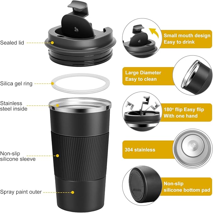 YINJAM 12oz Travel Coffee Mug Insulated Coffee Cups to Go with Leakproof Lid Vacuum Stainless Steel Double Walled Thermal Car Coffee Tumbler for Hot Cold Iced Tea Drinks Reusable (Black, 12oz) | 380ml Reusable Leakproof Camping Tumbler with Lid for Hot...