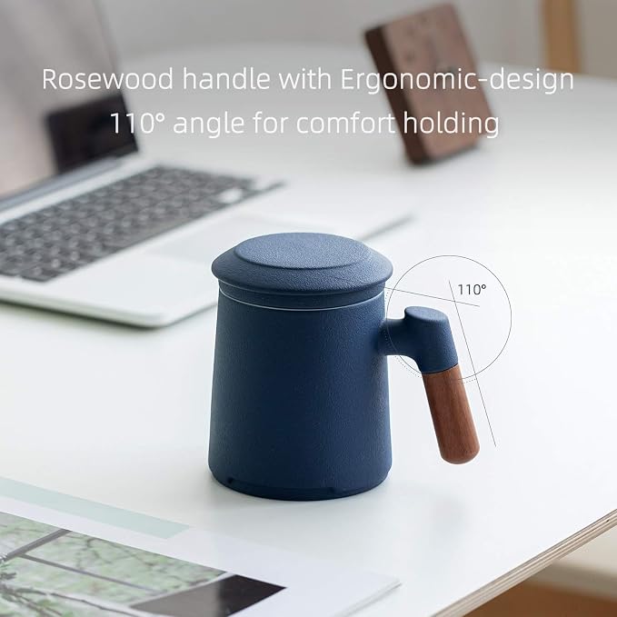 ZENS Tea Mug with Infuser and Lid for Loose Leaf Tea Steeper, 12oz Blue | Embossed Ceramic Tea Cup with Infuser for Herbal Tea Difussers, Tea Lovers Gifts, Nature Wood Handle