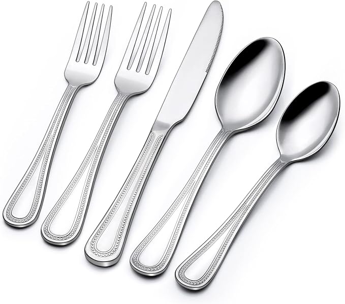 Terlulu 60-Piece Silverware Set for 12, Stainless Steel Flatware, Mirror Polished Cutlery Set, Utensils Include Spoons, Forks, Knives for Home, Restaurant, Beaded Handle, Dishwasher Safe