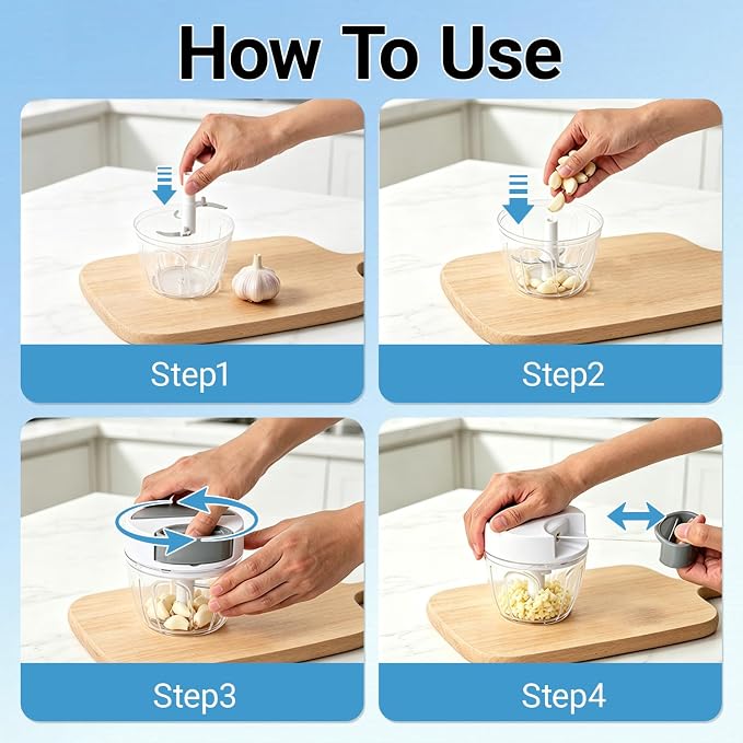 SUSTEAS Manual Food Chopper Pull Chopper with String, Garlic Mincer 650ml | Vegetable Cutter with String Garlic Mincer Onion Cutter for Veggies, Ginger, Salad, Fruits, Nuts, Herbs, etc, Gray