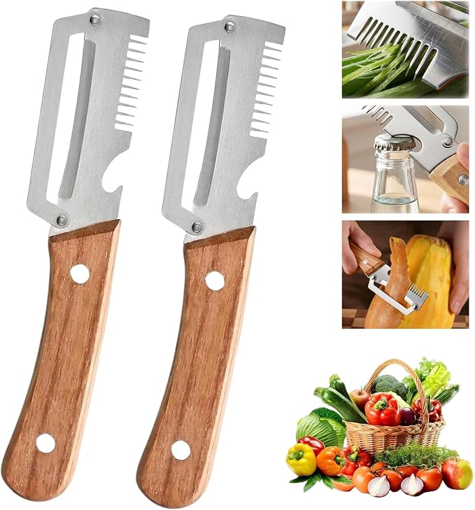 2 PCS Multi-Functional Kitchen Peeler, Professional Kitchen Tool for Chefs Fruit, 3 in 1 Multi Functional Wooden Handle Peeler and Bottle Opener, Kitchen Gadgets for Potato, Carrot, Pumpkin, Apple