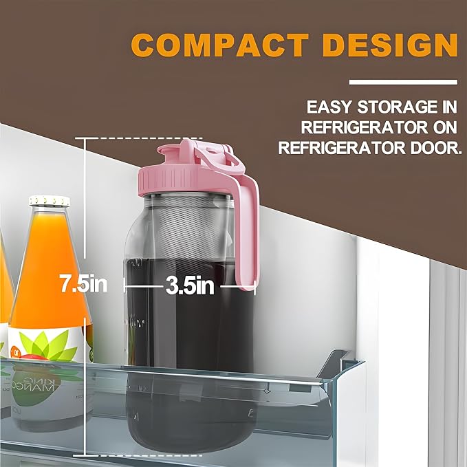 Cold Brew Coffee Maker, 32 oz Glass Mason Jar Pitcher | 100μm stainless steel filter, wide mouth design, leak-proof lid with handle, pour spout for iced coffee, tea and cold drinks