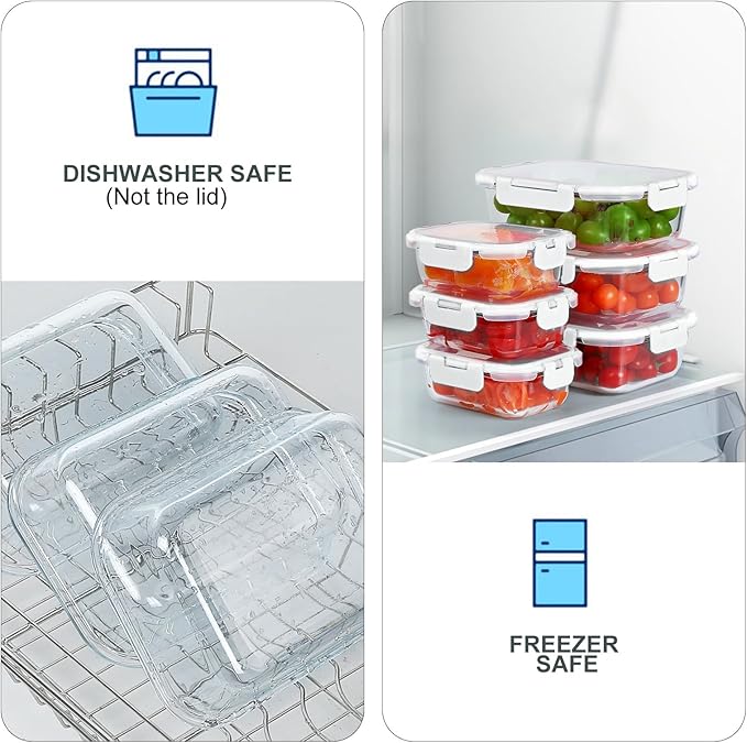 10 Pack Glass Food Storage Containers with Lids, White | Meal Prep Containers Set, Airtight Glass Lunch Boxes, BPA-Free, Freezer, Oven, and Microwave Safe