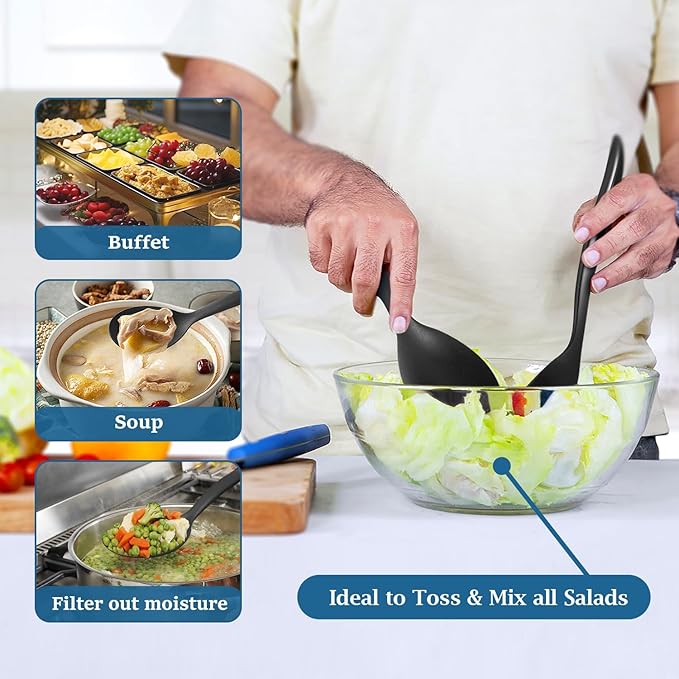 Reusable Plastic Serving Utensils Set of 72, Wheat straw Large Serving set 10" Serving Spoons/10" Slotted Spoons/9.4" Tongs, for Party Chafing Dish Buffet Catering (Black, Not for Cooking)