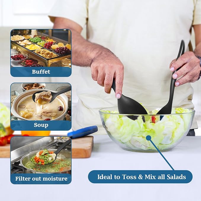 Reusable Plastic Serving Utensils Set of 18, Wheat straw Large Serving set 10" Serving Spoons/10" Slotted Spoons/9.4" Tongs, for Party Chafing Dish Buffet Catering (Black, Not for Cooking)