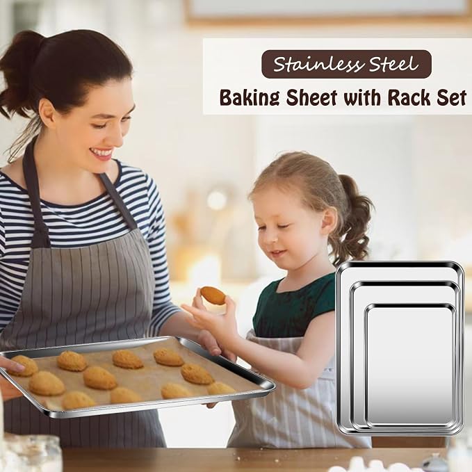 Baking Sheet with Racks Set [2 Sheets + 2 Racks], Stainless Steel Baking Sheets with Cooling Racks, Nonstick Pan, Warp Proof & Rust Proof & Easy to Clean, Size 18 X 13 X 1 Inch