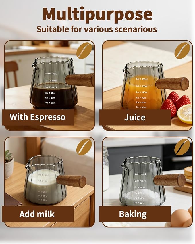 Espresso Measuring Cup 6 Oz, Espresso Glass Cups with Wood Handle, Milk Frothing Cup, Espresso Cup for Coffee, Milk, Tea or Maple Syrup Serving