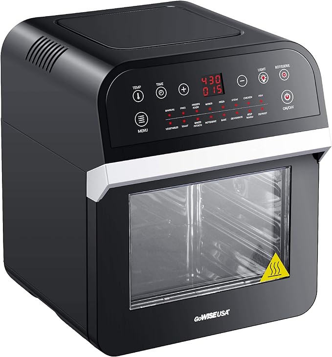 GoWISE USA GW44800-O Deluxe 12.7-Quarts 15-in-1 Electric Air Fryer Oven with Rotisserie and Dehydrator + 50 Recipes QT, Black/Silver