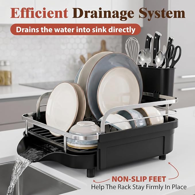 Dish Drying Rack, Expandable Stainless Steel Dish Drainer for Kitchen Counter, Rustproof Auto Draining Drainboard, Raised Guardrail, Detachable Utensil Holder, Space Saving Kitchen Organizer (1 Tier)