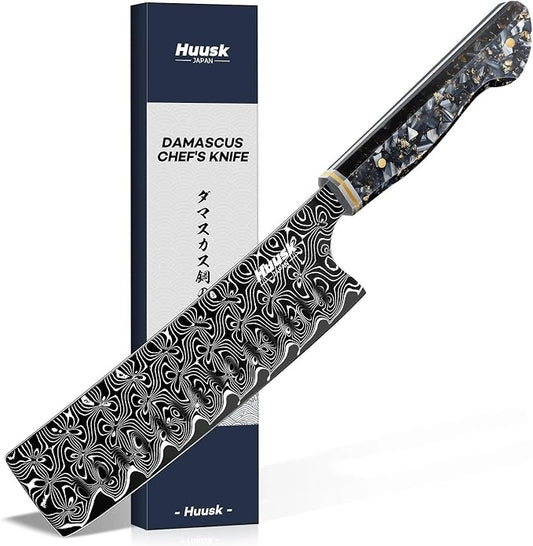 Huusk Damascus Nakiri Knife 7 Inch, Japanese Kitchen Chef Knives | Razor Sharp Vegetable Cleaver Knife with Ergonomic Resin Handle, Birthday Cooking Gifts for Men and Women