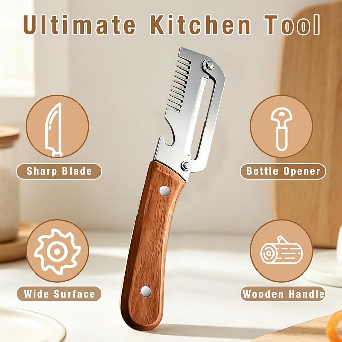 Vegetable Peeler for Kitchen,Multifunctional Vegetable Peeler With Wooden Handle And Bottle Opener,Vegetable Peelers,2-in-1 Stainless Steel Kitchen Tool for Fruit Apple Potato Pumpkin Papaya(3pcs)