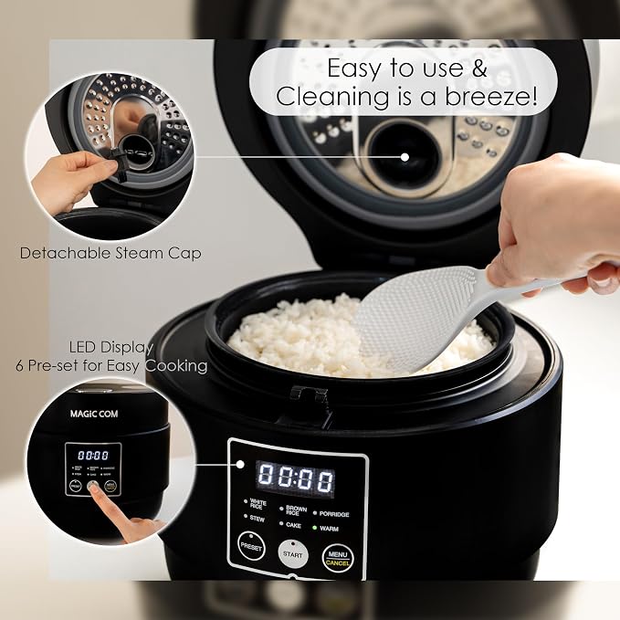 MAGiC COM Rice Cooker 4 Cup Uncooked/ 8 Cup Cooked, Digital Display with Warmer, Small Rice Maker & Multiple Settings, 24H Delay Timer, Automatic Keep Warm, Nonstick Inner Pot, Arrocera Eléctrica