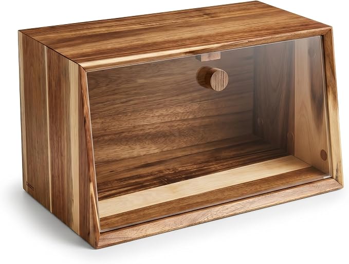 Dstuff Large Acacia Wood Bread Box for Kitchen Countertop - Minimalist Wooden Breadbox with Frameless Acrylic Window & Hidden Hinges - Farmhouse Storage Cabinet Organizer, Bread Box, Wood Box