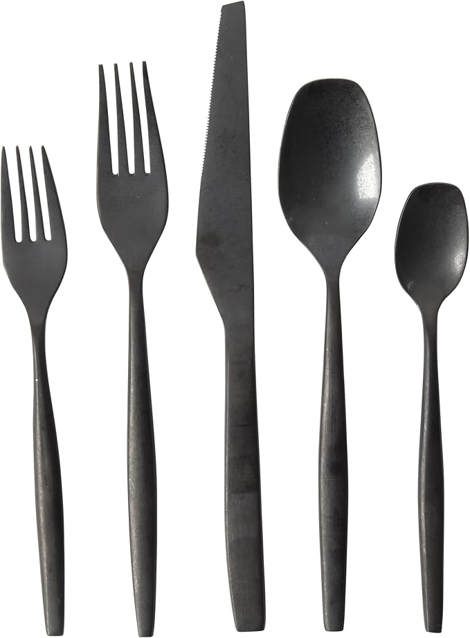 Two Time Oprah's Favorite Things Winner - 20 Piece Stone Washed Black Flatware 18/10 Stainless Steel Silverware Cutlery Utensil Set With Acacia Wood Caddy - Service for 4