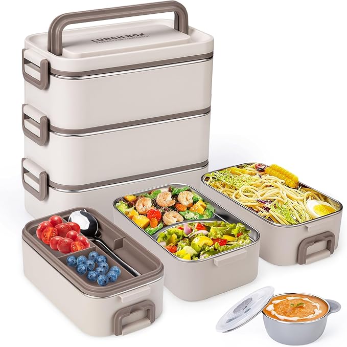 Bento Box Adult Lunch Box, Stackable 3 Layer 304 Stainless Steel Lunch box for Adults Kids Office, 3L Large Capacity Portable Lunch Box Containers with Soup Bowl Spoon and Fork