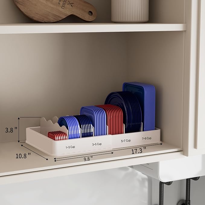 SWOMMOLY Expandable Food Container Lid Organizer for Kitchen Cabinet | Expands 9.8" to 17.3", Lid Holder with 6 Adjustable Dividers, 30 Writable Labels for Cabinets, Drawers and Pantry Storage