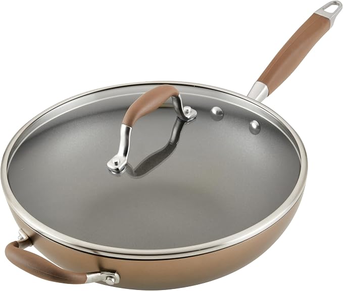 Anolon Advanced Home Hard-Anodized Nonstick Deep Frying Pan with Lid, Saute Pan, 12-Inch, Bronze