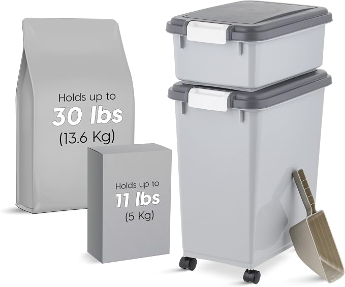 IRIS USA Dog Food Storage Container, Up to 30+11 lbs, Gray/Dark Gray | Made in the USA, Includes 2-Cup Scoop & Wheels, Airtight Seal, BPA-Free, Bird Seed, Cat food, Cat Litter, Treats, Toys