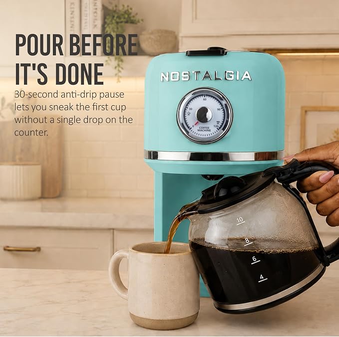 Nostalgia Classic Retro 10 Cup Coffee Maker - One-Touch Drip Brew, Reusable Filter - Anti-Drip, Auto Shutoff, & Time Display - Dishwasher Safe 50 oz Carafe - Aqua