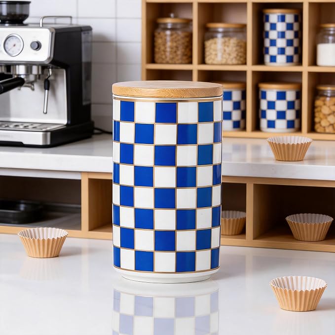 Kitchen Countertop Ceramic Checkered Canisters,Black And White Food Storage Containers With Lid,Airtight Kitchen Canisters for Flour, Sugar, Coffee, Tea, and Dry Goods (Blue, Large)