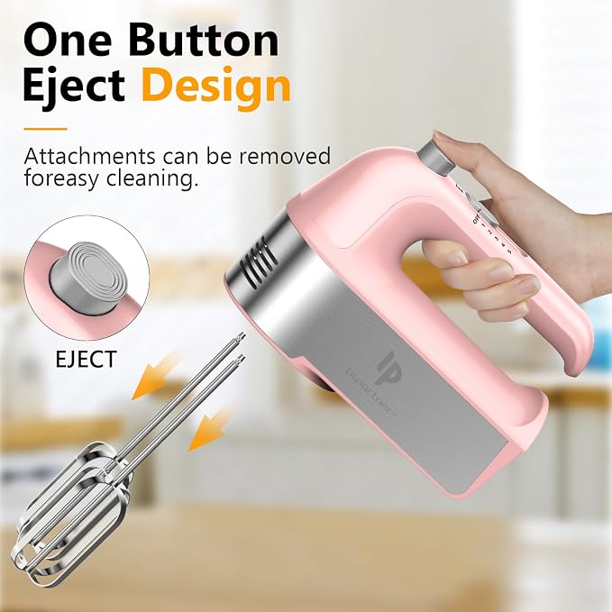 Hand Mixer Electric, 450W Kitchen Mixers with Scale Cup Storage Case, Turbo Boost/Self-Control Speed + 5 Speed + Eject Button + 5 Stainless Steel Accessories, For Easy Whipping Dough, Cream, Pink