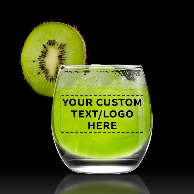 Custom Mikonos Stemless Wine Glasses 11.5 oz. Set of 10/50/100, Personalized Bulk Pack - Restaurant Glassware, Perfect for Red Wine, White Wine, Cocktails - Clear